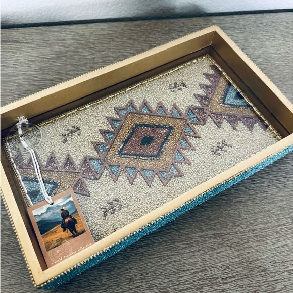 Southwest Western Aztec Tribal Beaded Blue Tan Brown Decor Serving Decor Tray - Picture 3 of 11